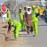 Multan Waste Management Company workers busy cleaning Old Shujabad Road