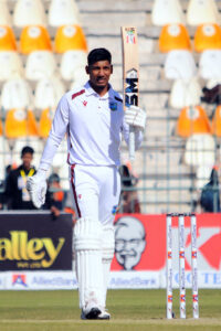 West Indies' Gudakesh Motie plays a shot during the first day of the second Test cricket match between Pakistan and West Indies at the Multan Cricket Stadium
