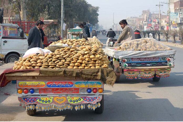 Vendors displaying sweet jaggery, unrefined sugar made from sugarcane on their carts on their carts to attract customers at Masoom Shah Road