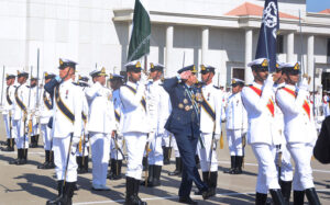 Chief of the Air Staff, Air Chief Marshal Zaheer Ahmed Babar Sidhu along with Chief of the Naval Staff Admiral Naveed Ashraf in a group photo during the 122nd Midshipmen and 30th SSC Course Commissioning Parade at Pakistan Naval Academy Manora.