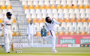Pakistan's Muhammad Rizwan plays a shot during the second day of the first Test cricket match between Pakistan and West Indies at the Multan Cricket Stadium