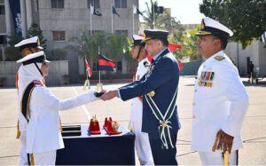 Chief of the Air Staff, Air Chief Marshal Zaheer Ahmed Babar Sidhu along with Chief of the Naval Staff Admiral Naveed Ashraf in a group photo during the 122nd Midshipmen and 30th SSC Course Commissioning Parade at Pakistan Naval Academy Manora.