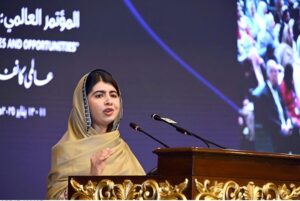 Nobel Peace Prize Laureate Malala Yousafzai delivers the keynote lecture at the closing ceremony of the International Conference on Girls Education at Jinnah Convention Centre