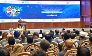 Prime Minister Muhammad Shehbaz Sharif addressing the inaugural session of the Commonwealth Asia Youth Alliance summit.