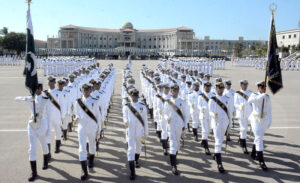 Chief of the Air Staff, Air Chief Marshal Zaheer Ahmed Babar Sidhu along with Chief of the Naval Staff Admiral Naveed Ashraf in a group photo during the 122nd Midshipmen and 30th SSC Course Commissioning Parade at Pakistan Naval Academy Manora.
