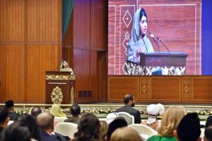 Nobel Peace Prize Laureate, Malala Yousafzai delivers the keynote lecture at the closing ceremony of the International Conference on Girls Education at Jinnah Convention Centre