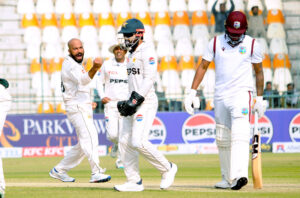 Pakistan's Sajid Khan celebrates after taking the wicket of West Indies' Mikyle Louis during the second day of the first Test cricket match between Pakistan and West Indies at the Multan Cricket Stadium