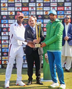 West Indies' Jomel Warrican receiving Player of the Series Award during prize distribution ceremony after third day of the second Test cricket match between Pakistan and West Indies at the Multan Cricket Stadium.