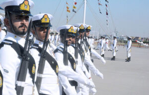 Chief of the Air Staff, Air Chief Marshal Zaheer Ahmed Babar Sidhu along with Chief of the Naval Staff Admiral Naveed Ashraf in a group photo during the 122nd Midshipmen and 30th SSC Course Commissioning Parade at Pakistan Naval Academy Manora.