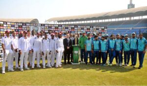 West Indies' Jomel Warrican receiving Player of the Series Award during prize distribution ceremony after third day of the second Test cricket match between Pakistan and West Indies at the Multan Cricket Stadium.