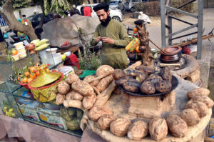 A hawker prepares roastred yams for sale while attracting customers with a colorful display of seasonal winter delights on his handcart near the Muslim Town Mor flyover