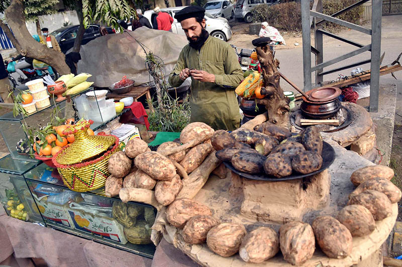 A hawker prepares roastred yams for sale while attracting customers with a colorful display of seasonal winter delights on his handcart near the Muslim Town Mor flyover