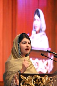 Nobel Peace Prize Laureate Malala Yousafzai delivers the keynote lecture at the closing ceremony of the International Conference on Girls Education at Jinnah Convention Centre