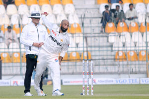 Pakistan's Sajid Khan celebrates after taking the wicket of West Indies' Mikyle Louis during the second day of the first Test cricket match between Pakistan and West Indies at the Multan Cricket Stadium