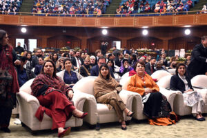 Education activist and Nobel Peace Prize winner, Malala Yousafzai along with other participants stands in honor of the national anthem during the International Conference on Girls' Education 2025 at Jinnah Convention Centre