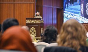 Nobel Peace Prize Laureate, Malala Yousafzai delivers the keynote lecture at the closing ceremony of the International Conference on Girls Education at Jinnah Convention Centre