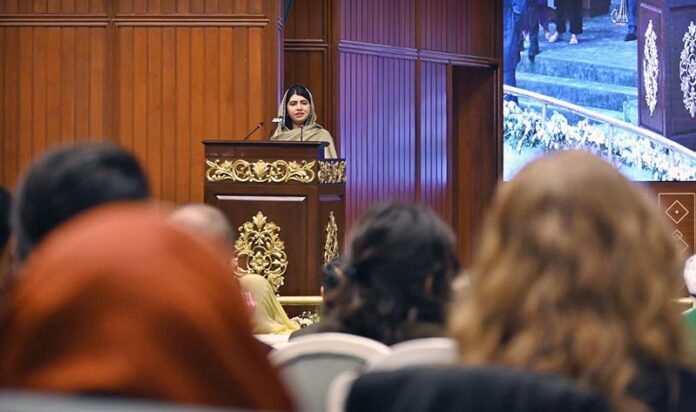 Nobel Peace Prize Laureate, Malala Yousafzai delivers the keynote lecture at the closing ceremony of the International Conference on Girls Education at Jinnah Convention Centre