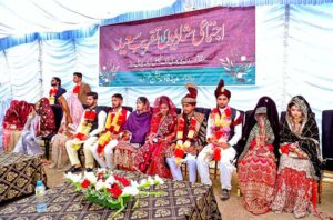 A view of mass marriage ceremony organised by Maina Foundation at The University of Faisalabad.