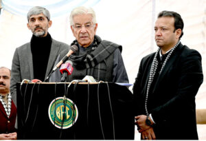 Defense Minister Khawaja Muhammad Asif is addressing to ceremony of one year celebrating the completion Business Facilitation Center at BFC