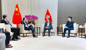 Finance Minister of Pakistan, Senator Muhammad Aurangzeb, meeting the Chief Executive of Hong Kong (SAR), Honorable John KC Lee, along with Pakistan's Ambassador in Beijing, Khaleel Hashmi.