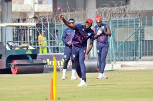 West Indies cricket team players in action during practice session ahead of the first Test Cricket Match against Pakistan at Multan Cricket Stadium.