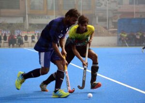 A view of the hockey match between Gojra Sports Hockey Club Toba Tek Singh and Jalal Shah Hockey Club Chiniot during the 2nd Chief of Army Staff Inter-Club National Hockey Championship, Divisional Level Round 2, at Hockey Stadium Faisalabad.