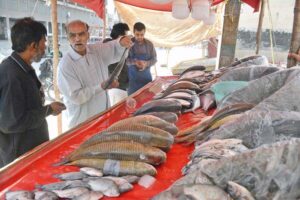 A person purchasing fish from roadside vendor