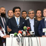 Sindh Minister Syed Zulfiqar Ali Shah and Governor of Khorasan Razavi, Mr. Gholam Hussain Mozaffari, talking to the media after the inauguration of the Pakistan Travel Mart