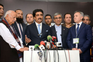 Sindh Minister Syed Zulfiqar Ali Shah and Governor of Khorasan Razavi, Mr. Gholam Hussain Mozaffari, talking to the media after the inauguration of the Pakistan Travel Mart