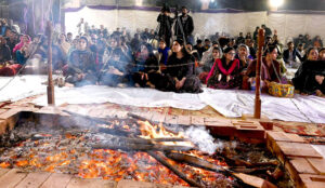 Folk singer Taj Mastani performing on the stage during music evening at Basant Hall.