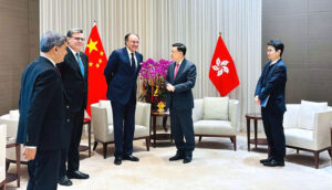 Finance Minister of Pakistan, Senator Muhammad Aurangzeb, meeting the Chief Executive of Hong Kong (SAR), Honorable John KC Lee, along with Pakistan's Ambassador in Beijing, Khaleel Hashmi.