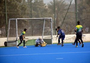 A view of the hockey match between Gojra Sports Hockey Club Toba Tek Singh and Jalal Shah Hockey Club Chiniot during the 2nd Chief of Army Staff Inter-Club National Hockey Championship, Divisional Level Round 2, at Hockey Stadium Faisalabad.