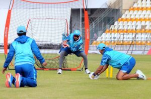 Pakistan cricket team players attends a practice session ahead of the second Test Cricket Match against West Indies at Multan Cricket Stadium.