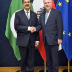 Chairman Senate, Syed Yousaf Raza Gilani shaking hands with Walter Rosenkranz, President of the National Council of Austria