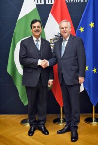 Chairman Senate, Syed Yousaf Raza Gilani shaking hands with Walter Rosenkranz, President of the National Council of Austria