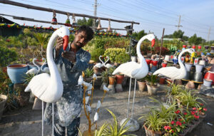 A vendor displaying bird replicas to attract the customer at Ghora ground road.