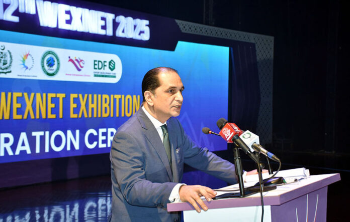 Federal Secretary of Commerce, Jawad Paul Khawaja, addresses the inaugural ceremony of the 12th WEXNET Exhibition 2025 at Expo Centre Johar Town, organized by the Trade Development Authority of Pakistan