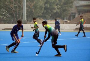 A view of the hockey match between Gojra Sports Hockey Club Toba Tek Singh and Jalal Shah Hockey Club Chiniot during the 2nd Chief of Army Staff Inter-Club National Hockey Championship, Divisional Level Round 2, at Hockey Stadium Faisalabad.