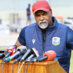 West Indies's Head Coach, Andre Coley talking to media persons during the practice session ahead of their First Test cricket match against Pakistan at Multan Cricket Stadium