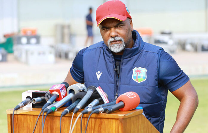 West Indies's Head Coach, Andre Coley talking to media persons during the practice session ahead of their First Test cricket match against Pakistan at Multan Cricket Stadium