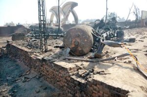 A view of the wreckage of a liquefied petroleum gas (LPG) tanker after it exploded near an industrial area in Multan.
