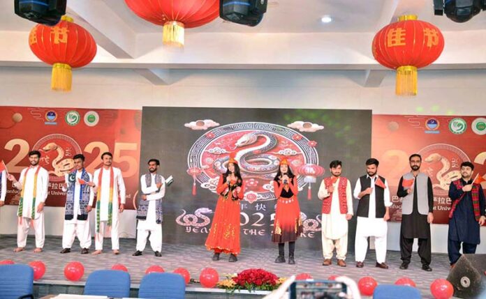 Students performing tableau on the stage during Chinese Spring Festival in connection with Chinese New Year 2025 at University Of Agriculture Faisalabad (UAF)