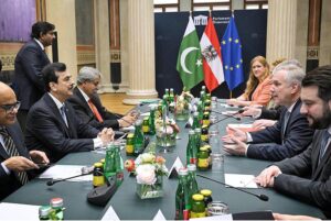 High level parliamentary delegation from Pakistan led by Chairman Senate, Syed Yousaf Raza Gilani in a bilateral meeting with Walter Rosenkranz, President of the National Council Of Austria