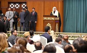 Secretary General of the Muslim World League, Sheikh Dr. Mohammed bin Abdulkarim al-Issa addresses the closing ceremony of the International Conference on Girls' Education at Jinnah Convention Centre