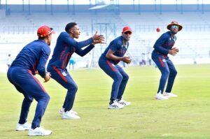 West Indies's players attend a practice session ahead of the first Test Cricket Match against Pakistan at Multan Cricket Stadium