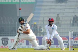 Pakistan's Salman Ali Agha plays a shot during the third day of the first Test cricket match between Pakistan and West Indies at the Multan Cricket Stadium