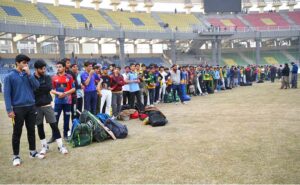 Famous cricketer Muhammad Yousaf taking trial of players during Peshawar Zalmi Talent Hunt & trials 2025 at Arbab Niaz Stadium