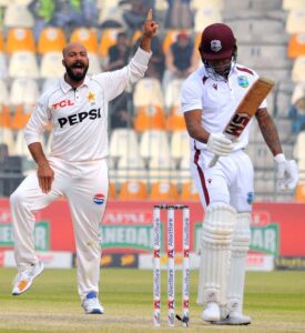 Pakistan's Salman Ali Agha plays a shot during the third day of the first Test cricket match between Pakistan and West Indies at the Multan Cricket Stadium