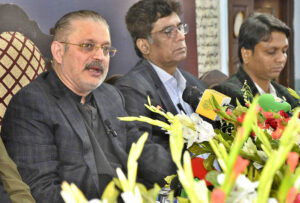 Senior Sindh Minister for Information, Sharjeel Inam Memon, addressing media personnel at the Hyderabad Press Club.