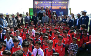 A group photograph of GOC Strategic Force South, Major General Shahid Abro with students during Sports Festival’25 at Public School Sports Complex